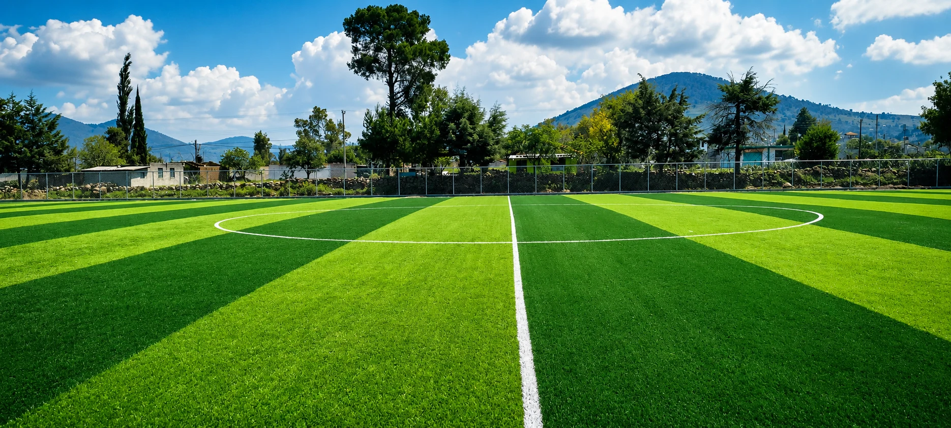 cancha de futbol con pasto fibrilado franjeado europeo en dos tonos