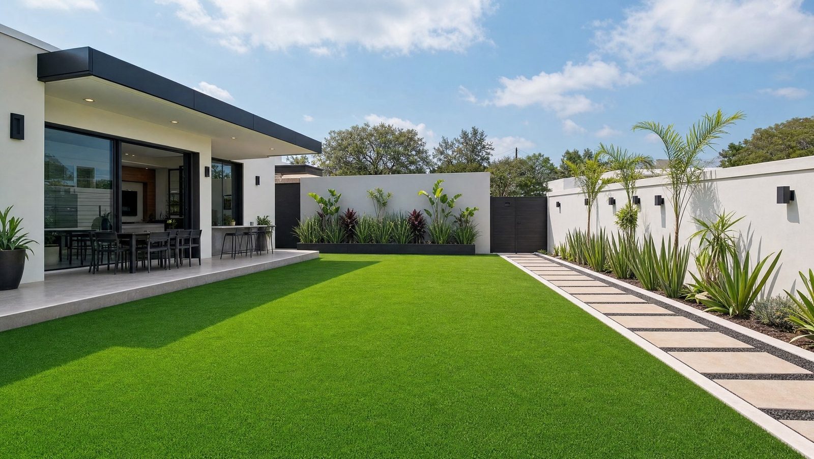 exterior residencial moderno con pasto sintético EasyGarden premium, pavimento tipo plato y palmeras · proyecto Sportmaster México