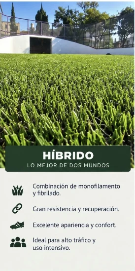 Pasto sintético híbrido: lo mejor de dos mundos, combinación de monofilamento y fibrilado, gran resistencia y recuperación, excelente apariencia y confort; ideal para alto tráfico y uso intensivo