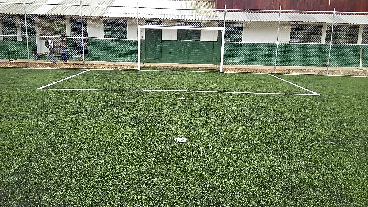 Cancha de fútbol 5 con pasto sintético en Bachillerato 82 del Ejido Canton Sinai, Tapachula, Chiapas: la cancha desde la línea lateral