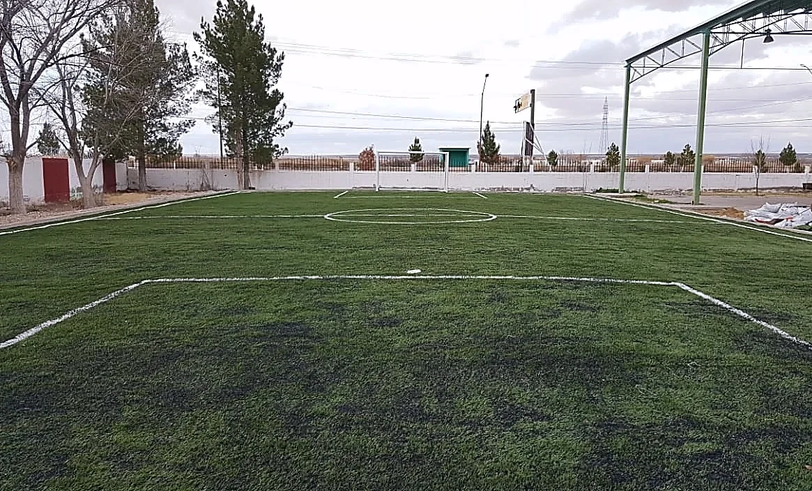 Cancha de fútbol 5 con pasto sintético en Praxedis, Chihuahua: la cancha desdel fondo