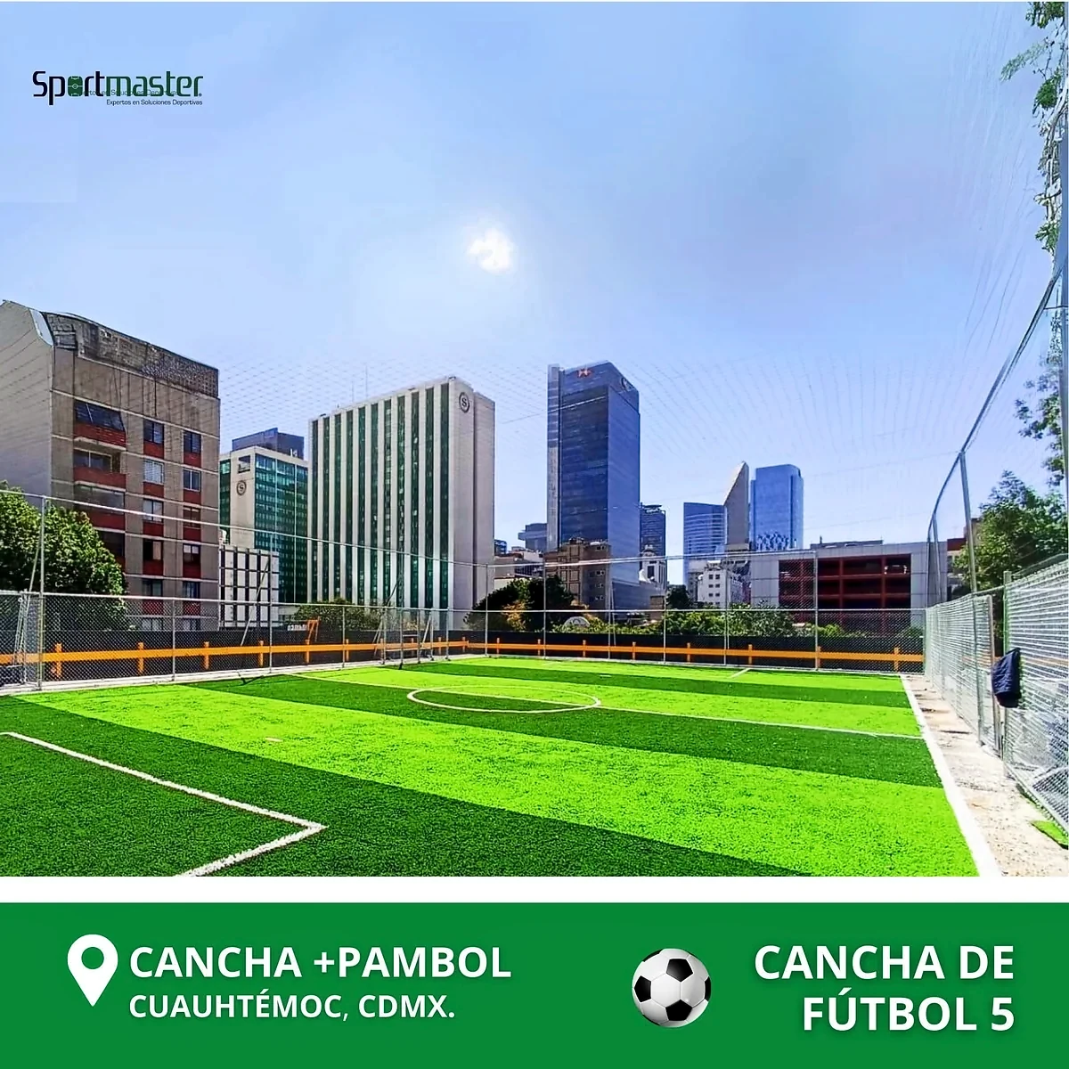 Cancha de fútbol 5 con pasto sintético en +pambol, Cuauhtémoc, Ciudad de México: líneas insertadas en el pasto sintético