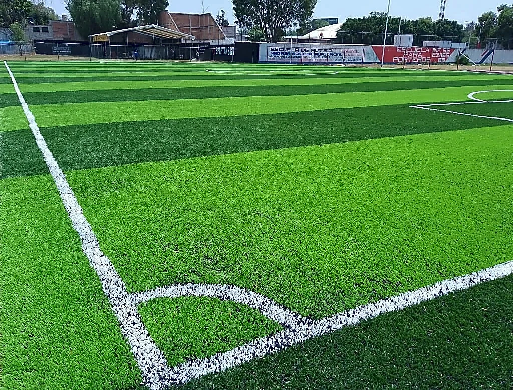Detalle del pasto sintético de la cancha de fútbol 7 en Venustiano Carranza, Ciudad de México