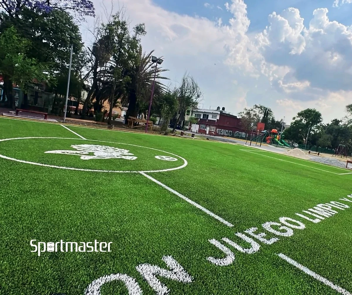 Cancha de fútbol 7 con pasto sintético en Torre 14 Fútbol, Gustavo A. Madero, Ciudad de México: la cancha desde la línea lateral