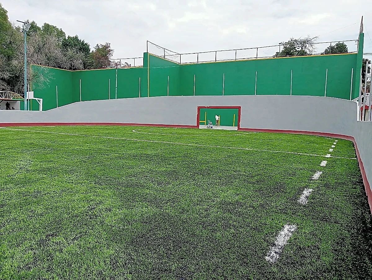 Cancha de fútbol rápido con pasto sintético en Deportivo Coyuya 10, Iztacalco, Ciudad de México: líneas de juego insertadas en el pasto