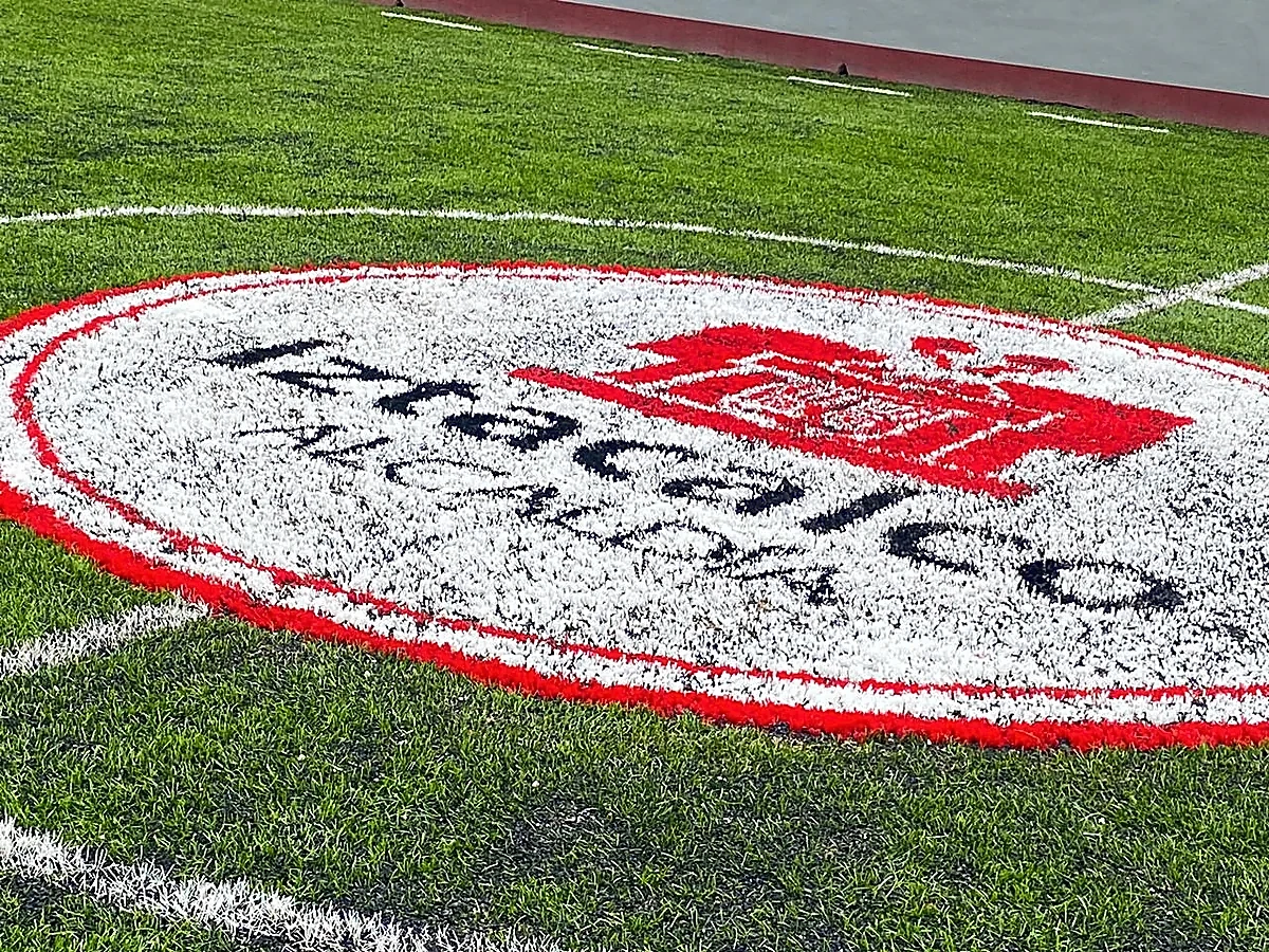Detalle del pasto sintético de la cancha de fútbol rápido en Iztacalco, Ciudad de México