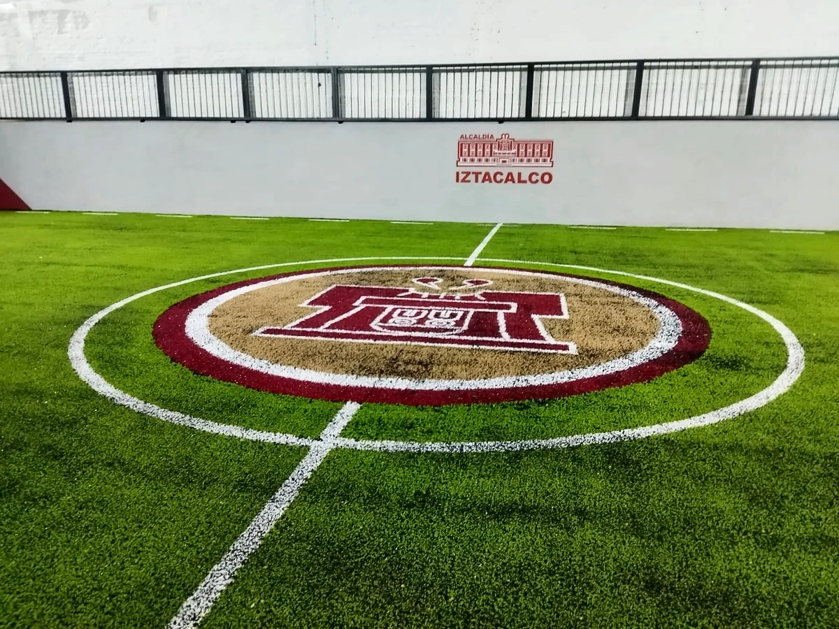 Detalle del pasto sintético de la cancha de fútbol rápido en Iztacalco, Ciudad de México