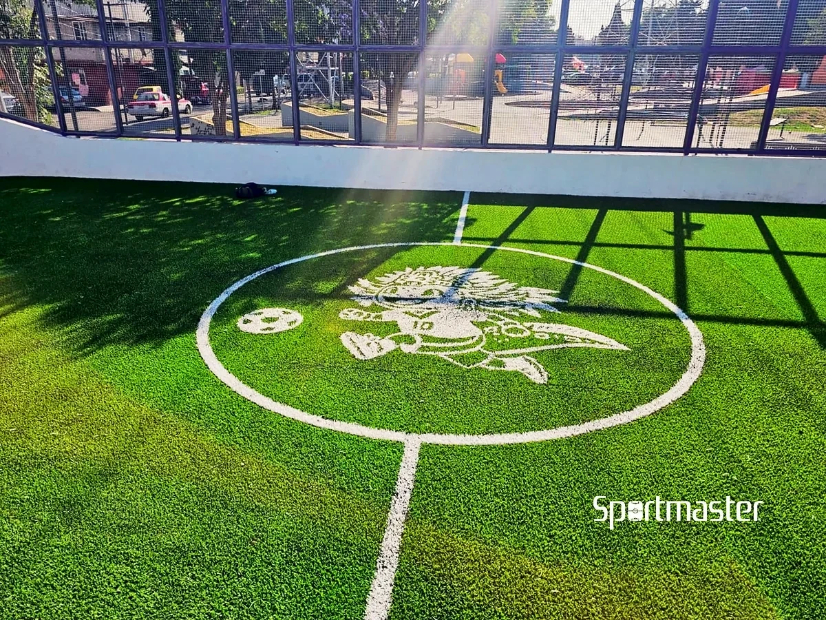 Cancha de fútbol rápido con pasto sintético en Parque Playa Cuyutlán, Iztacalco, Ciudad de México: líneas de juego insertadas en el pasto