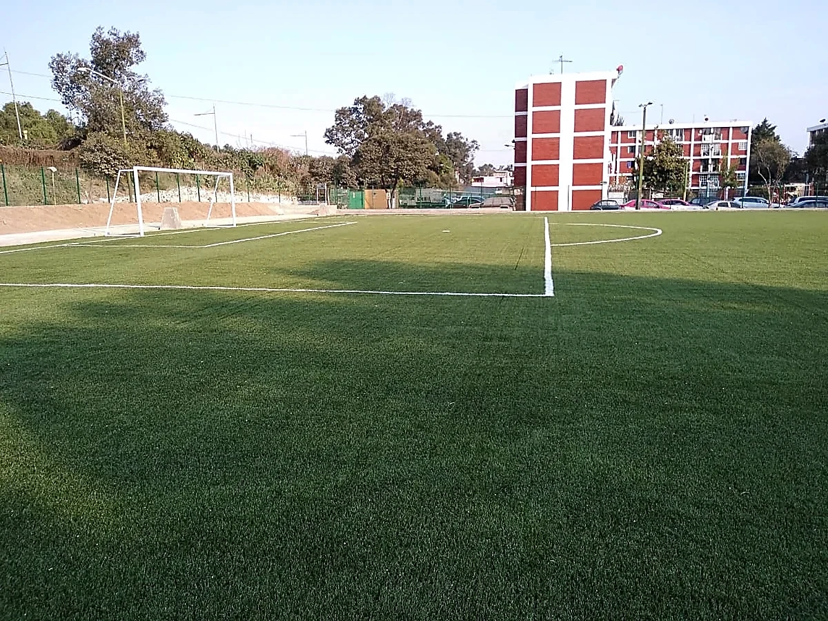 Detalle del pasto sintético de la cancha de fútbol soccer en Azcapotzalco, Ciudad de México