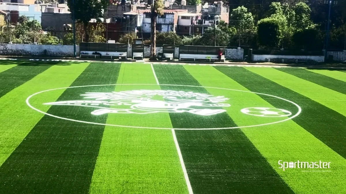 Detalle del pasto sintético de la cancha de fútbol soccer en Magdalena Contreras, Ciudad de México