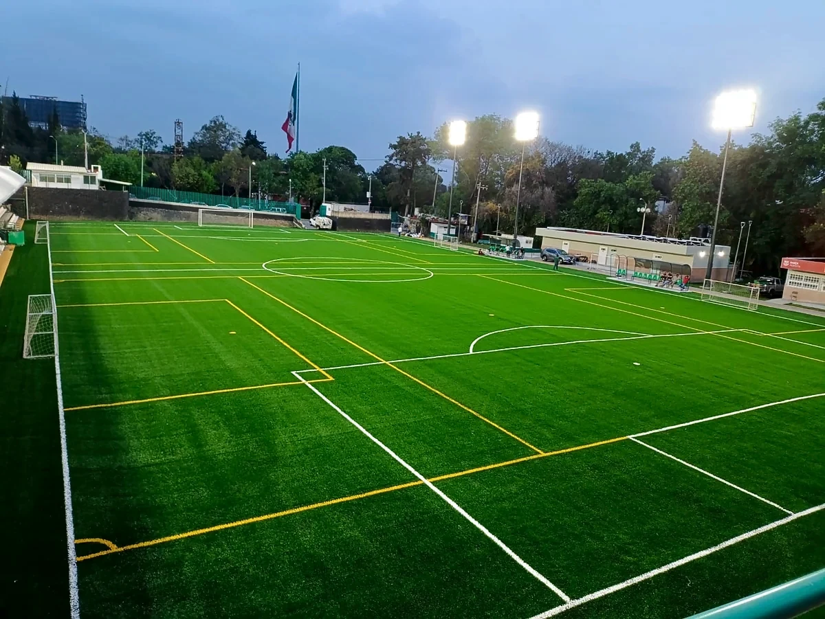 Cancha de fútbol soccer con pasto sintético en Unidad Deportiva Independencia, Magdalena Contreras, Ciudad de México: líneas de juego insertadas en el pasto