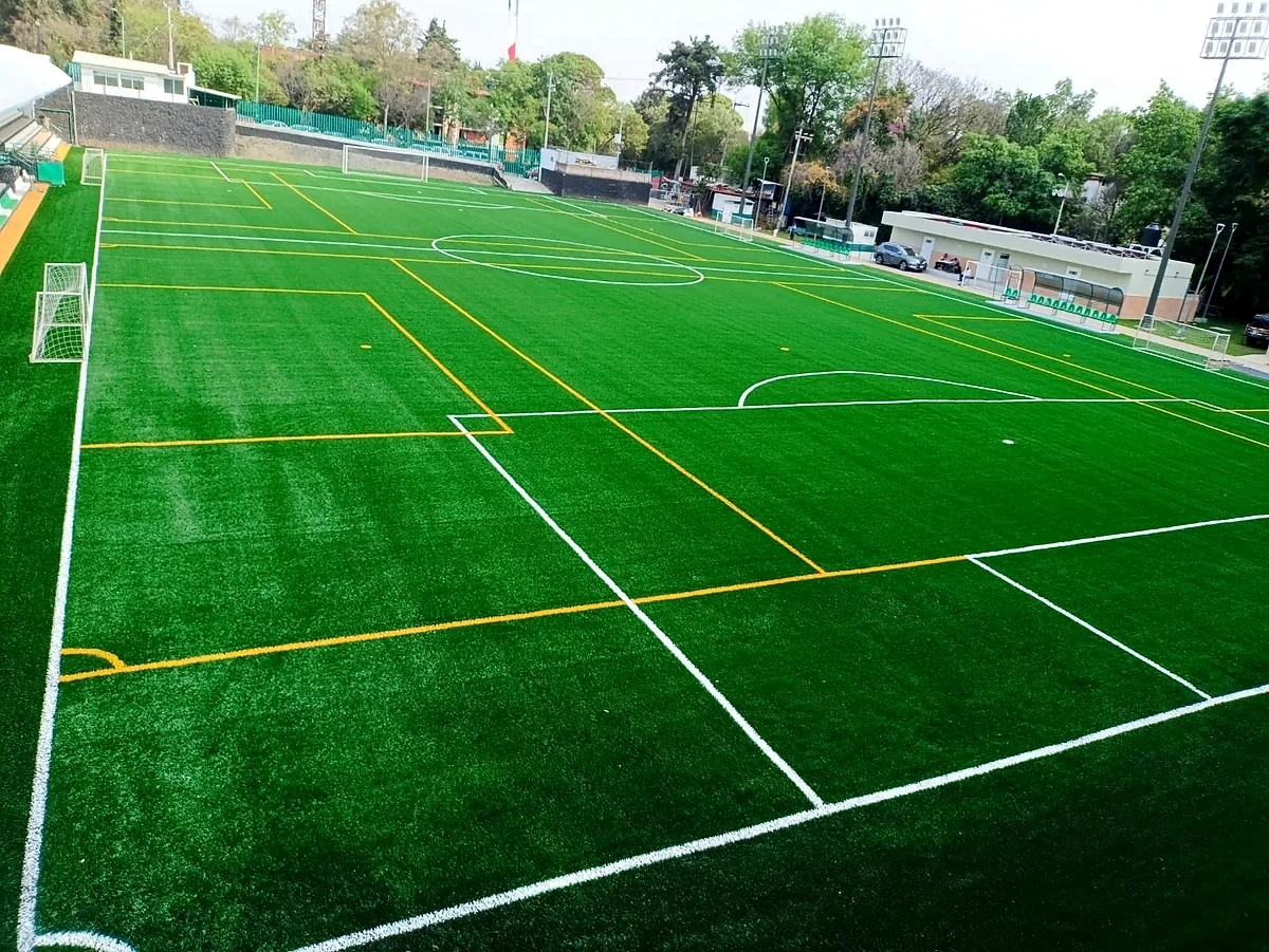 Cancha de fútbol soccer con pasto sintético en Unidad Deportiva Independencia, Magdalena Contreras, Ciudad de México: la cancha desde la línea lateral