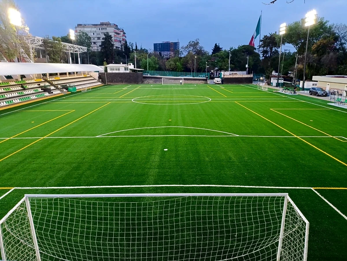 Cancha de fútbol soccer con pasto sintético en Unidad Deportiva Independencia, Magdalena Contreras, Ciudad de México: la cancha desdel fondo