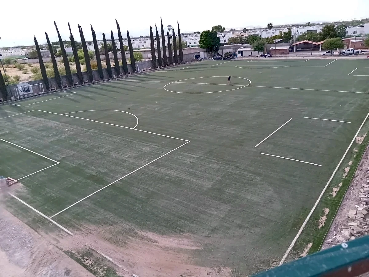 Detalle del pasto sintético de la cancha de fútbol soccer en Torreón, Coahuila