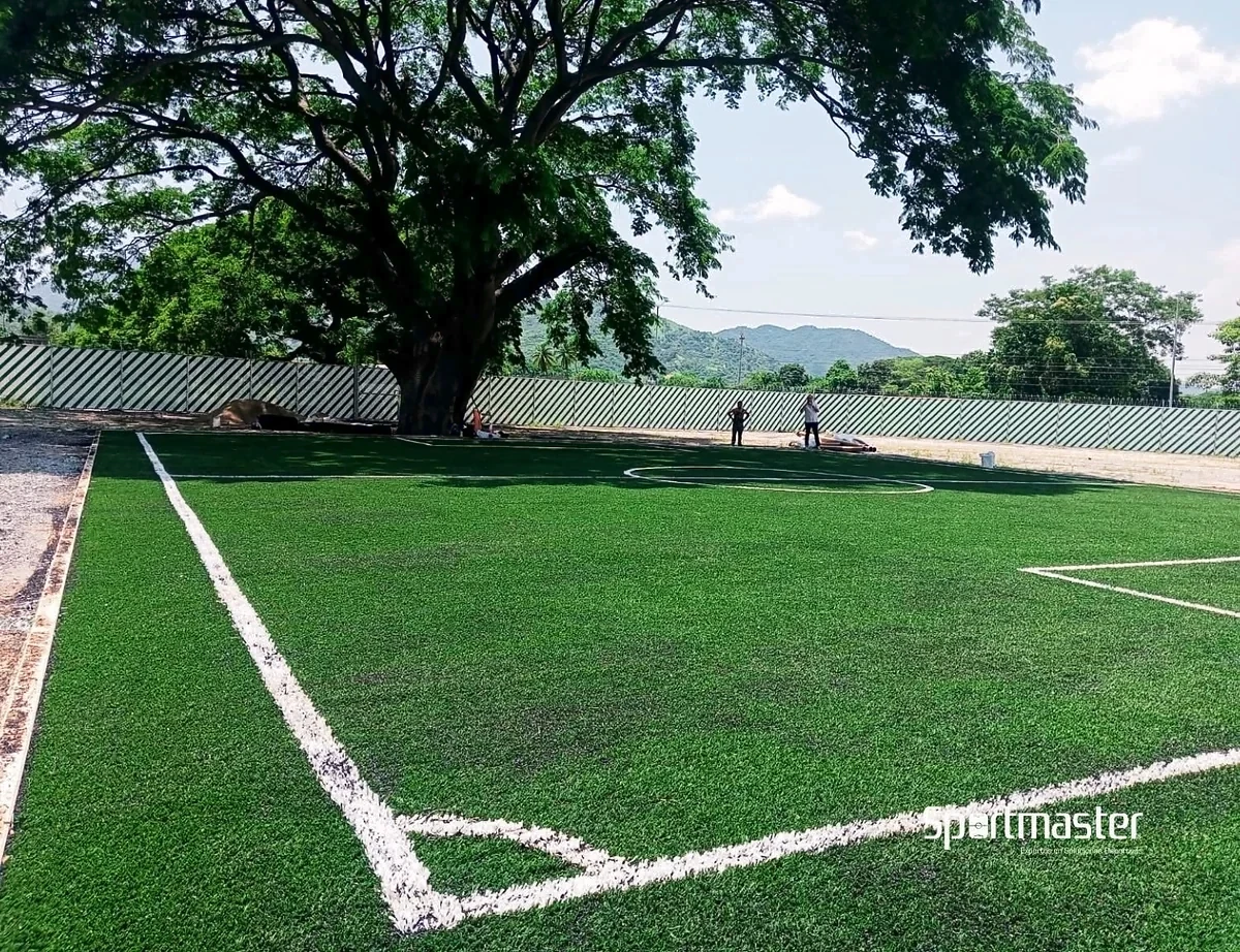 Cancha de fútbol 5 con pasto sintético en Instituto Paulo Freire, Manzanillo, Colima: líneas insertadas en el pasto sintético