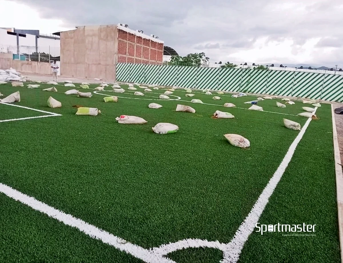 Cancha de fútbol 5 con pasto sintético en Instituto Paulo Freire, Manzanillo, Colima: la cancha desde la línea lateral