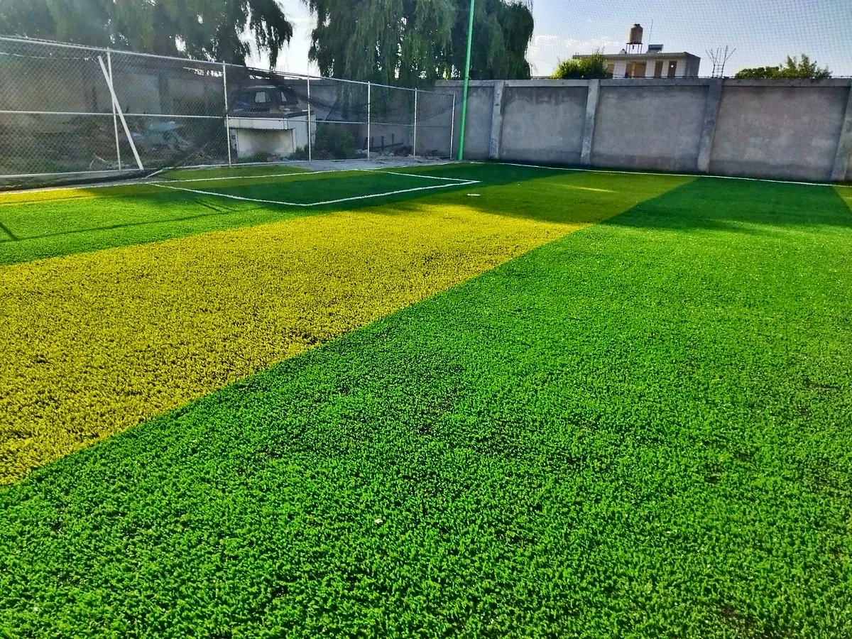Cancha de fútbol 7 con pasto sintético en Cancha de Futbol la Roca, San Pedro Tultepec, Estado de México: líneas de juego insertadas en el mismo pasto