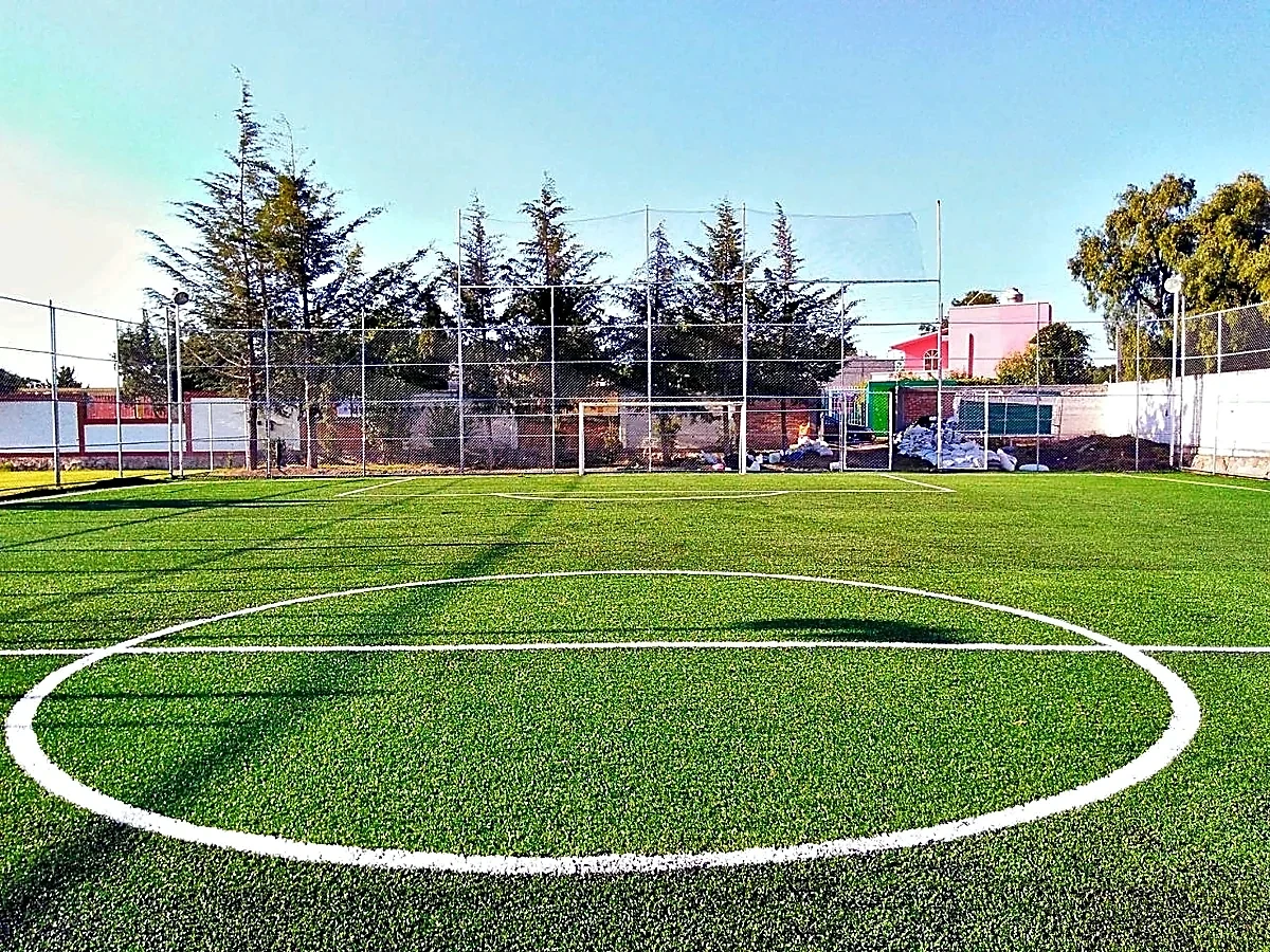 Cancha de fútbol 7 con pasto sintético en Deportivo Municipal Papalotla, Estado de México: la cancha desde la línea lateral