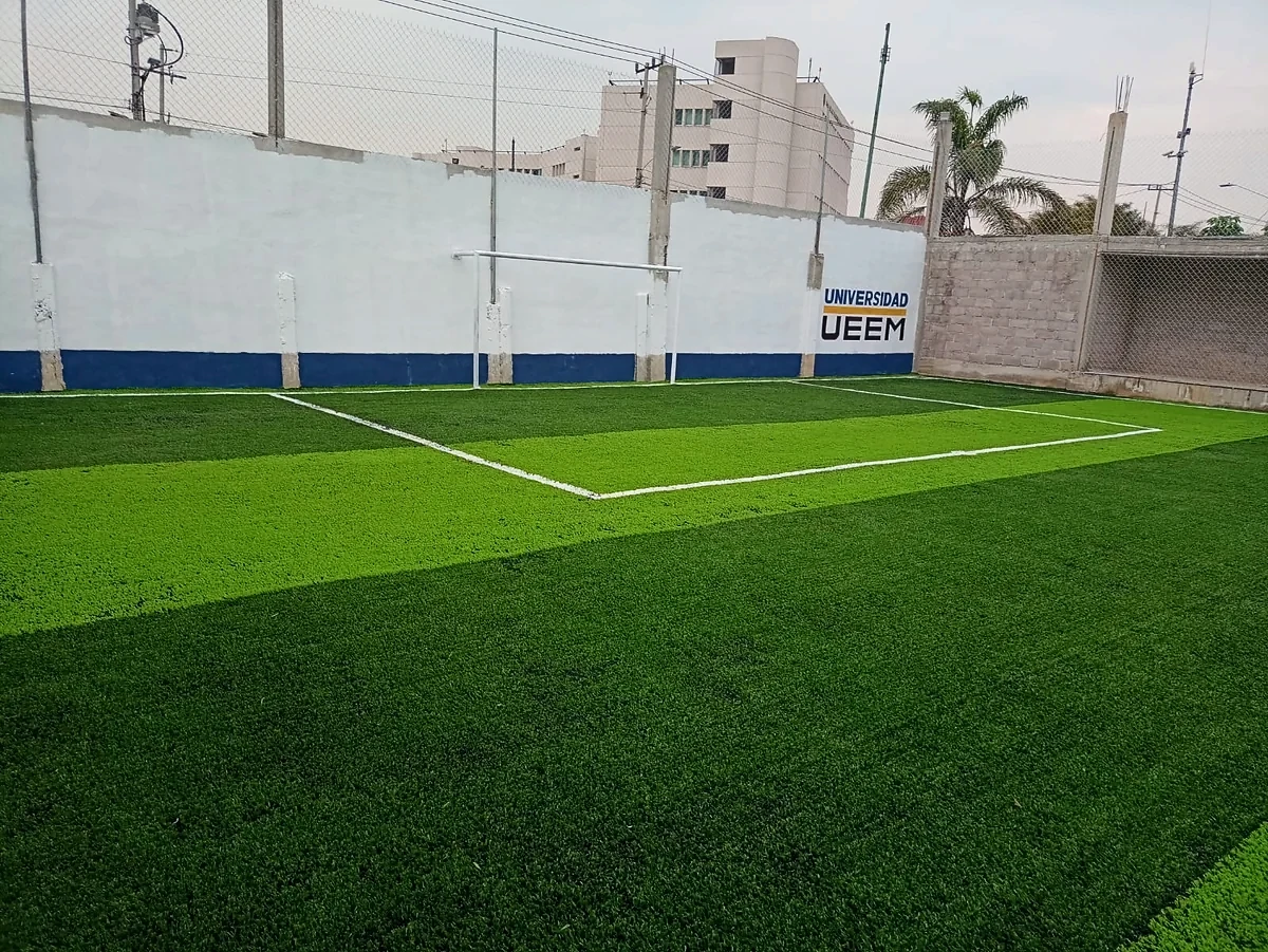 Cancha de fútbol 7 con pasto sintético en Nezahualcóyotl, Estado de México: líneas de juego insertadas en el mismo pasto