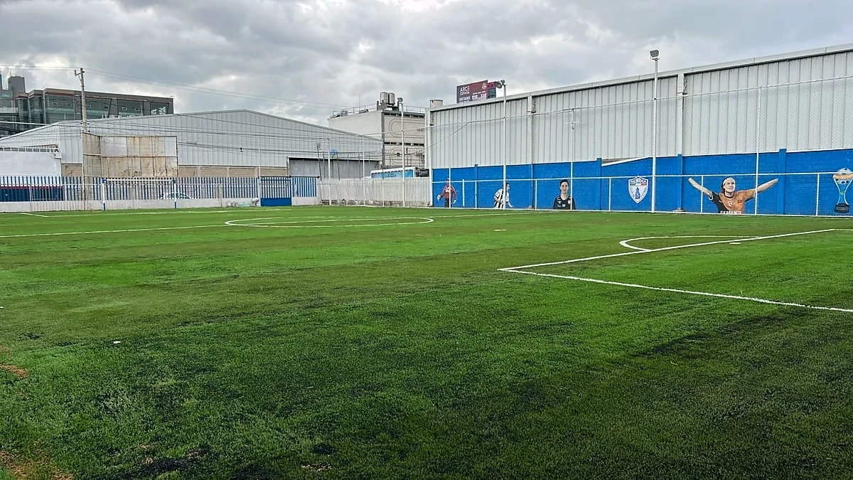 Detalle del pasto sintético de la cancha de fútbol 7 en Toluca, Estado de México