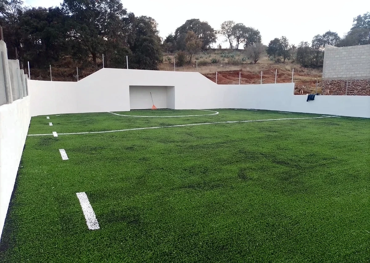 Cancha de fútbol rápido con pasto sintético en Alcamex, Agostadero, Estado de México: pasto sintético deportivo recién cepillado