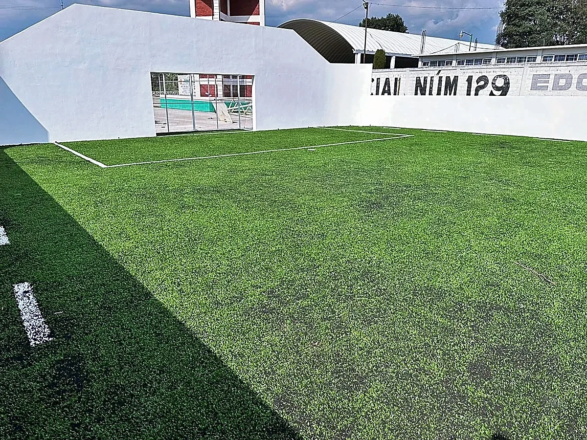 Cancha de fútbol rápido con pasto sintético en Deportivo Techuchulco, San Pedro Techuchulco, Estado de México: vista de la cancha y su entorno