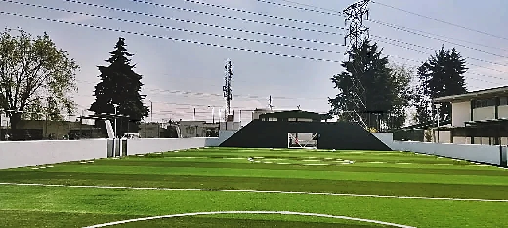 Cancha de fútbol rápido con pasto sintético en Toluca, Estado de México: pasto sintético deportivo recién cepillado