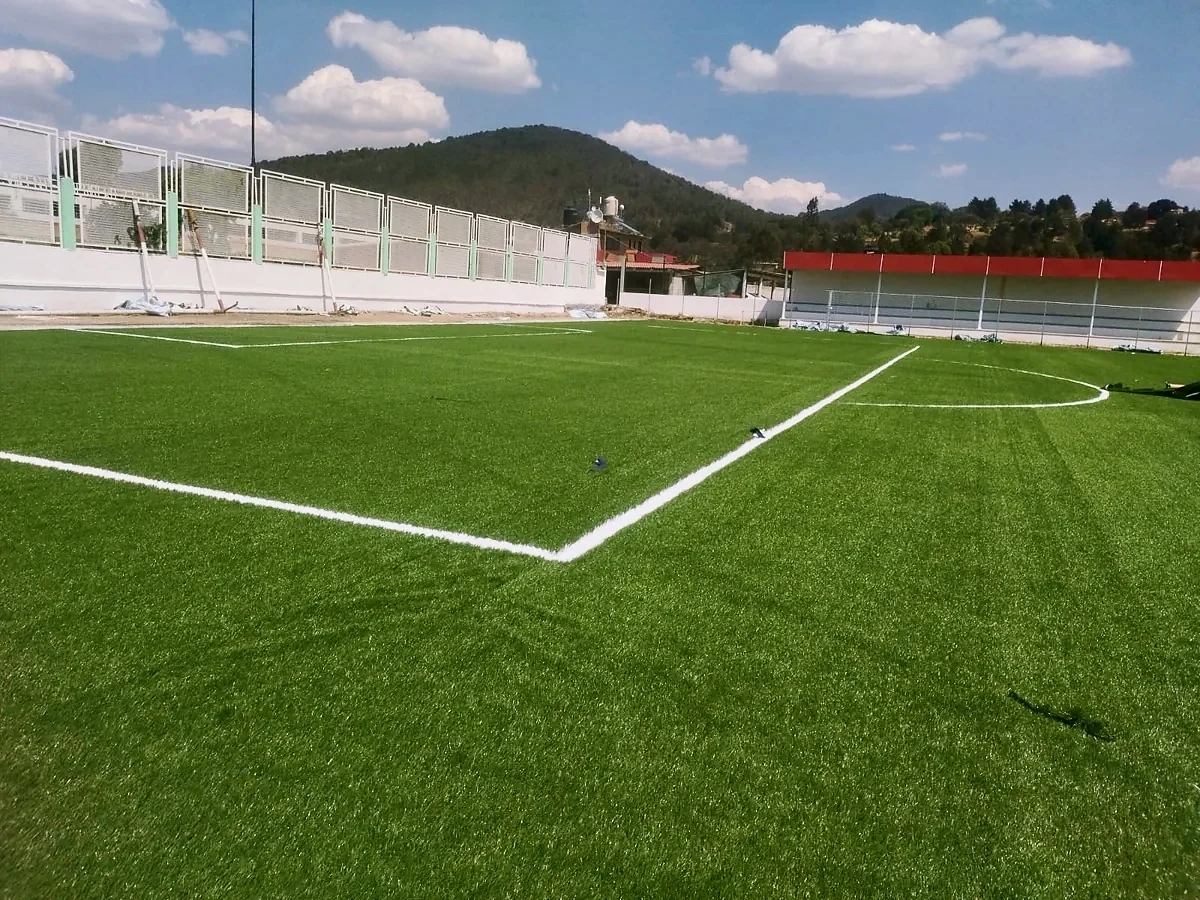 Cancha de fútbol soccer con pasto sintético en Campo de Soccer Tapaxco, Tapaxco (El Oro), Estado de México: pasto sintético deportivo recién cepillado