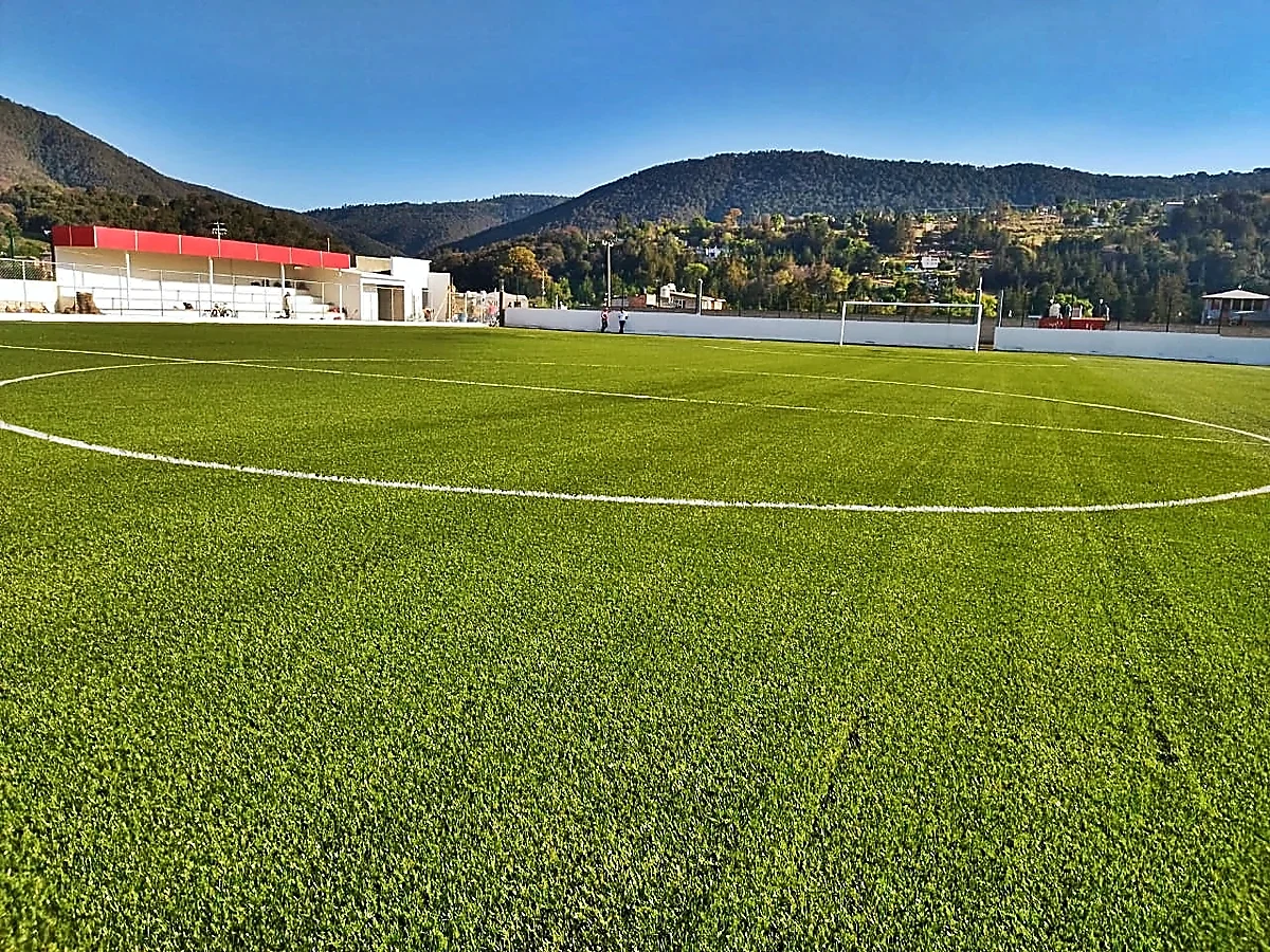 Cancha de fútbol soccer con pasto sintético en Campo de Soccer Tapaxco, Tapaxco (El Oro), Estado de México: la cancha desdel fondo