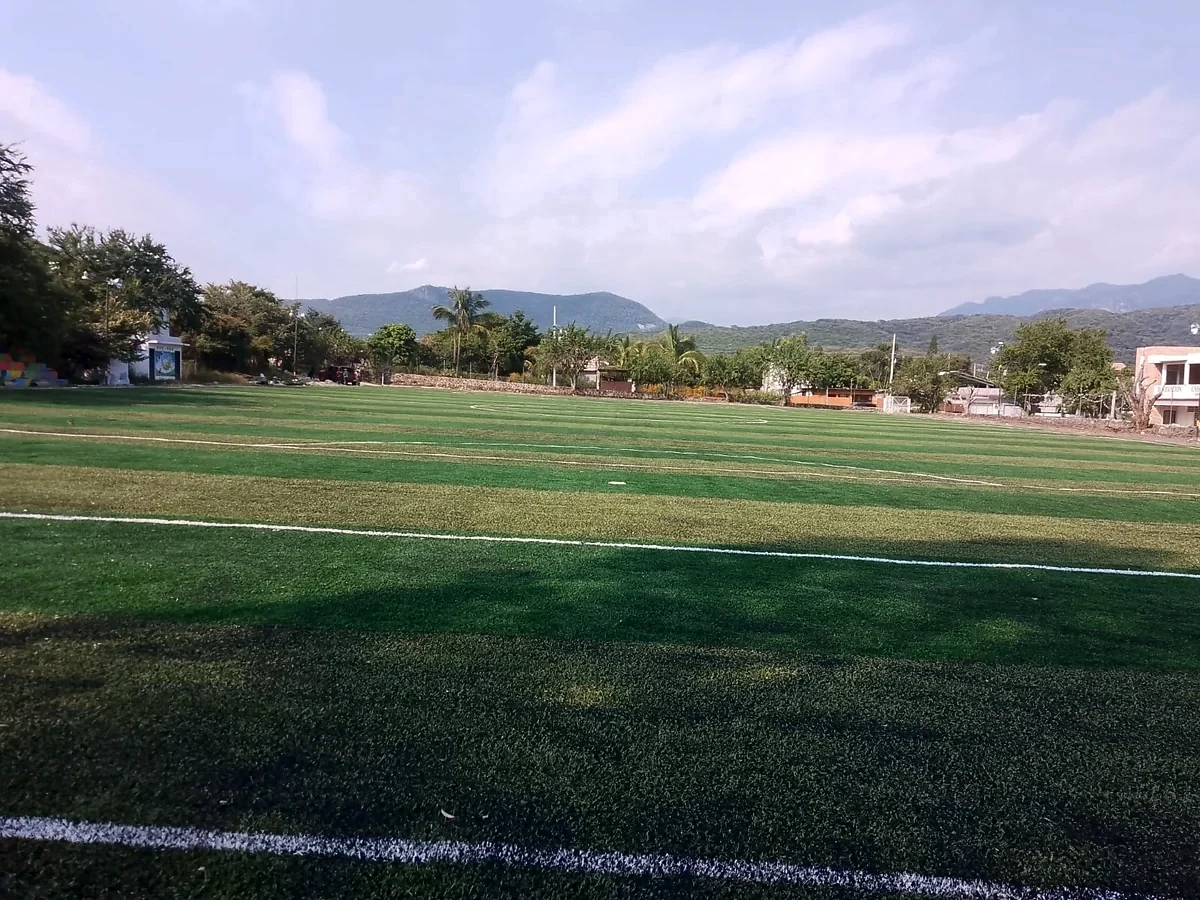 Cancha de fútbol soccer con pasto sintético en Campo Deportivo Platanar, Estado de México: pasto sintético deportivo recién cepillado