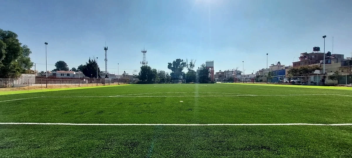 Detalle del pasto sintético de la cancha de fútbol soccer en Texcoco, Estado de México