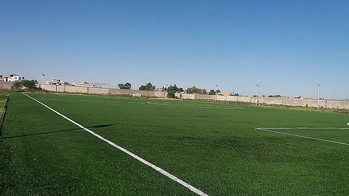 Cancha de fútbol soccer con pasto sintético en Tonanitla, Estado de México: pasto sintético deportivo recién cepillado