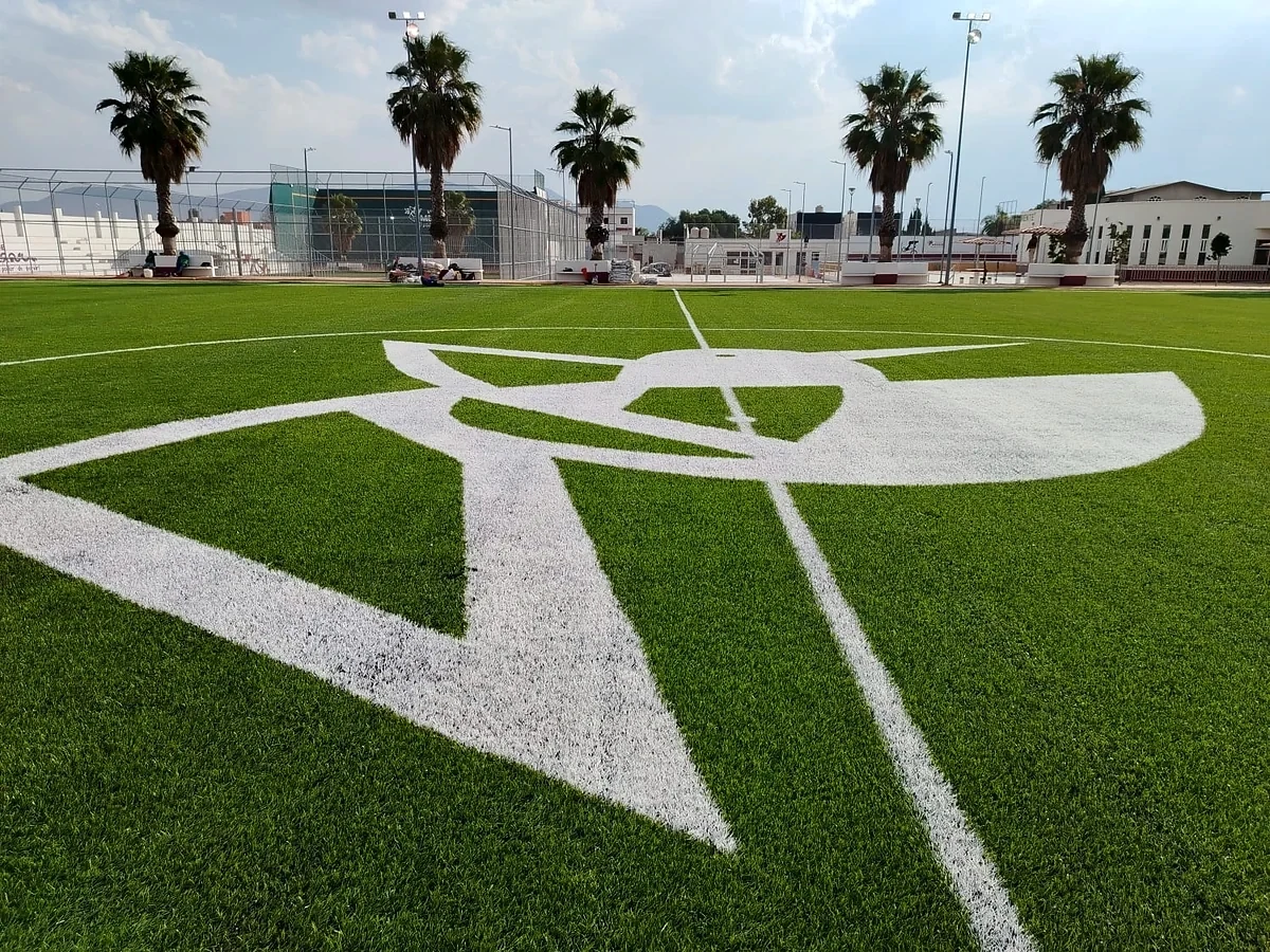 Detalle del pasto sintético de la cancha de fútbol soccer en Tultepec, Estado de México