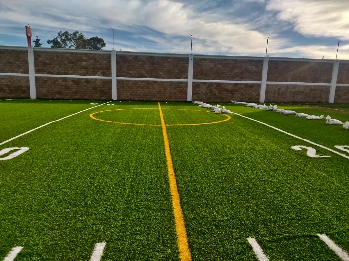 Detalle del pasto sintético de la cancha de tochito en Tecámac, Estado de México