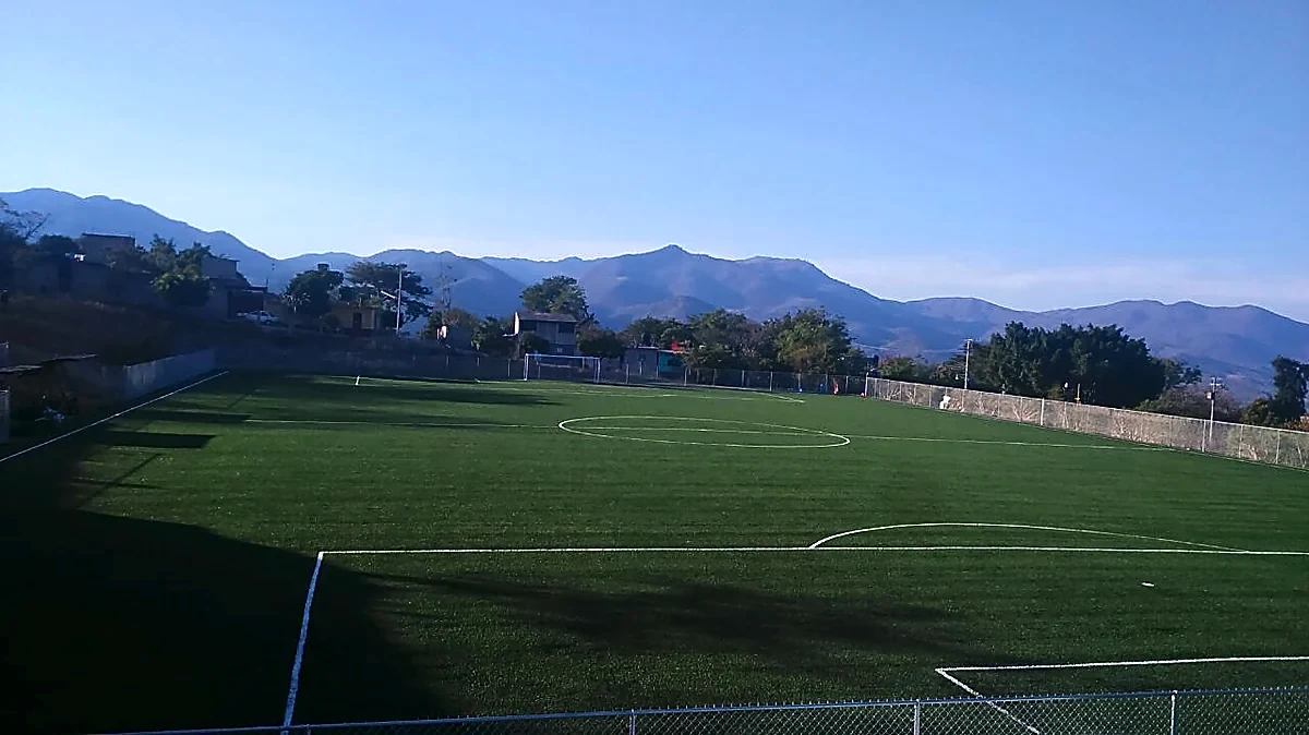 Cancha de fútbol soccer con pasto sintético en Campo deportivo de Peñoles, Apaxtla, Guerrero: la cancha desde la línea lateral