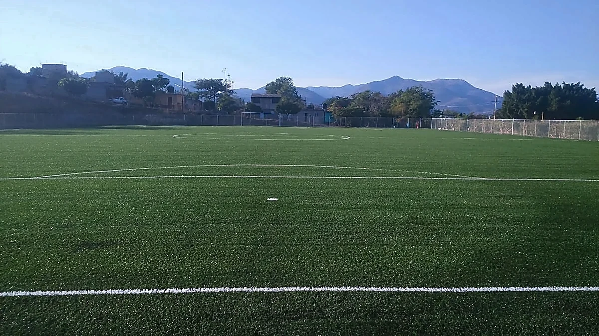 Cancha de fútbol soccer con pasto sintético en Campo deportivo de Peñoles, Apaxtla, Guerrero: otra vista de la cancha