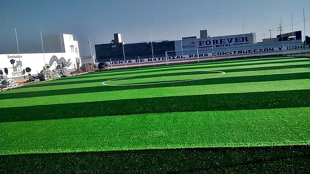 Detalle del pasto sintético de la cancha de fútbol 7 en Mixquihuala de Juárez, Hidalgo