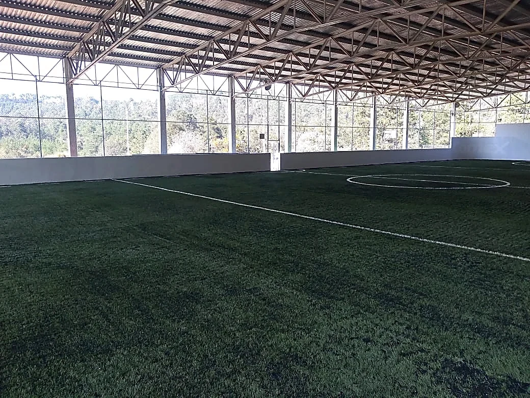 Cancha de fútbol rápido con pasto sintético en Cancha de Futbol Rapido, Acaxochitlán, Hidalgo: la cancha desde la línea lateral