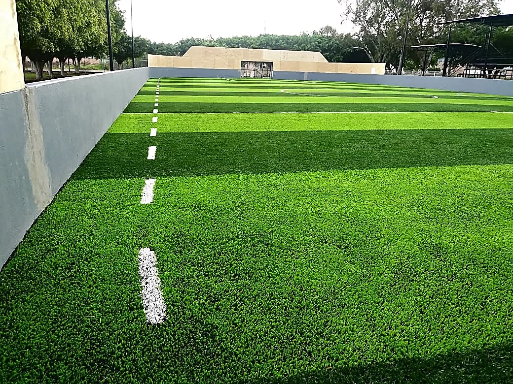 Cancha de fútbol rápido con pasto sintético en Unidad Deportiva Tizapán, Jalisco: la cancha desdel fondo