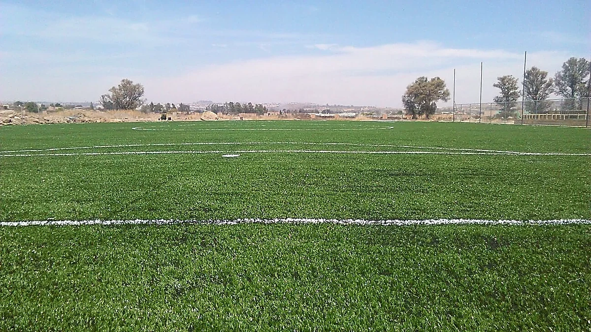 Cancha de fútbol soccer con pasto sintético en Tonalá, Jalisco: líneas de juego insertadas en el pasto
