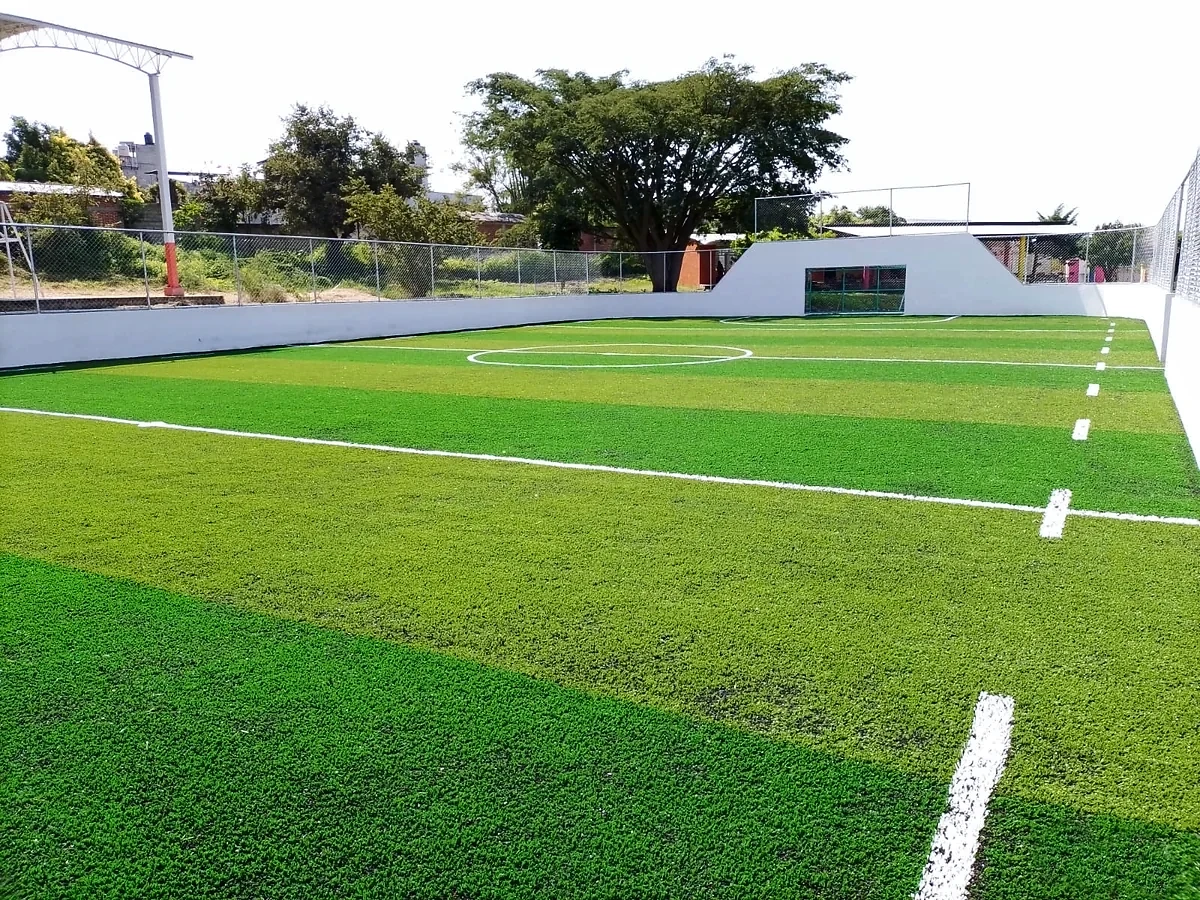 Cancha de fútbol rápido con pasto sintético en Cancha Localidad Santa Ana, Santa Ana de Guerrero, Michoacán: líneas de juego insertadas en el pasto