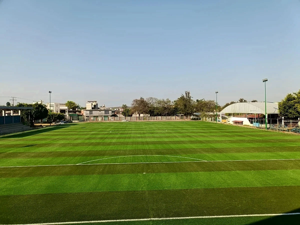 Cancha de fútbol soccer con pasto sintético en Unidad Deportiva Juárez, Benito Juárez, Michoacán: pasto sintético deportivo recién cepillado