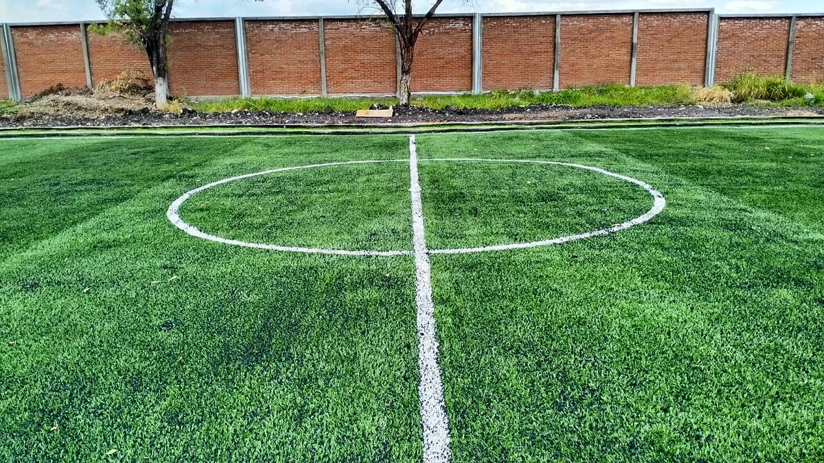 Cancha de fútbol 5 con pasto sintético en Escuela Primaria Miguel Hidalgo, Tlayecac, Morelos: la cancha desde la línea lateral
