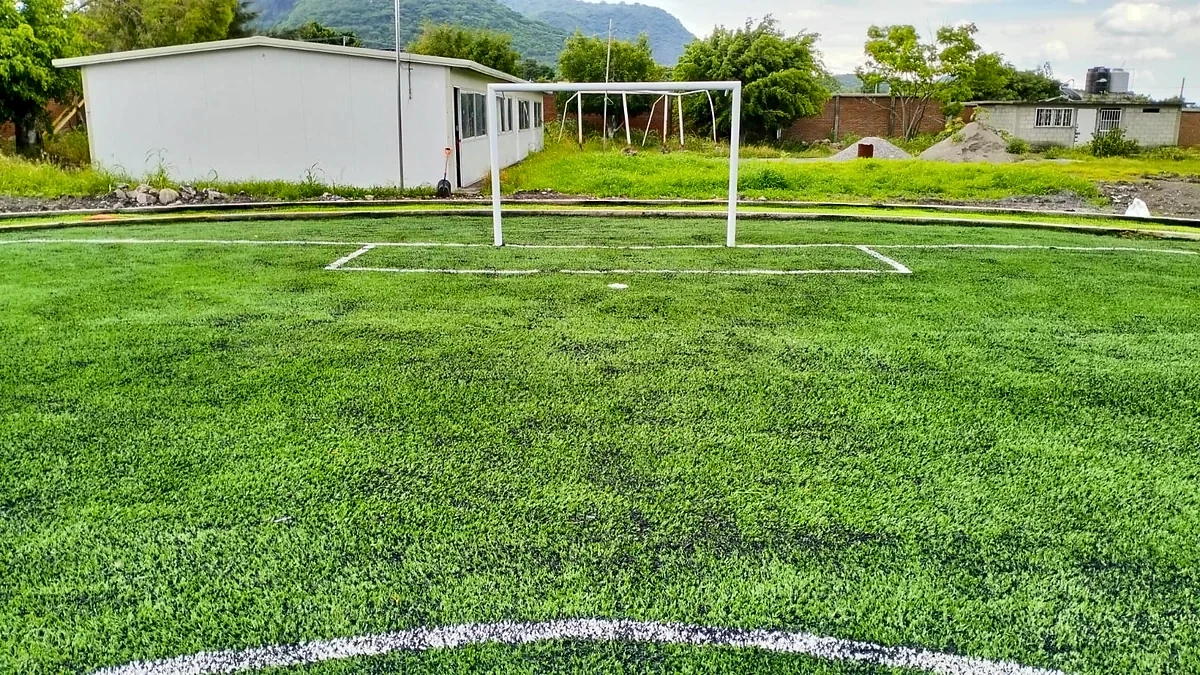 Cancha de fútbol 5 con pasto sintético en Escuela Primaria Miguel Hidalgo, Tlayecac, Morelos: vista de la cancha y su entorno