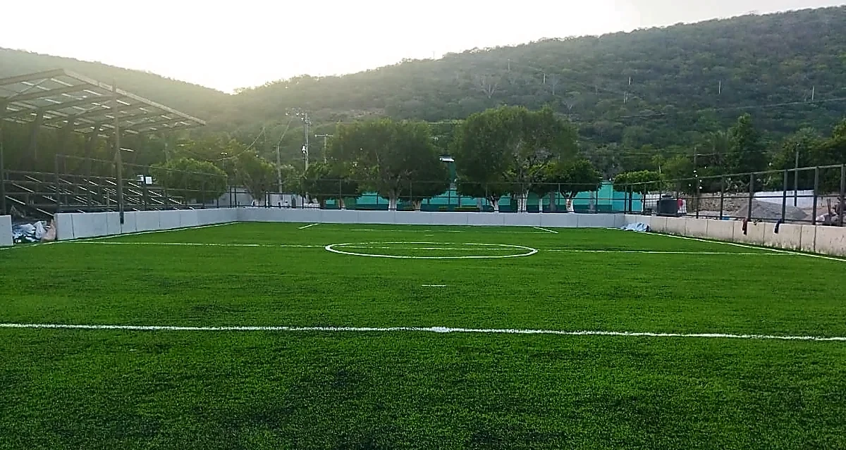 Cancha de fútbol 7 con pasto sintético en Comercializadora KD, Valle Vázquez, Morelos: la cancha desde la línea lateral