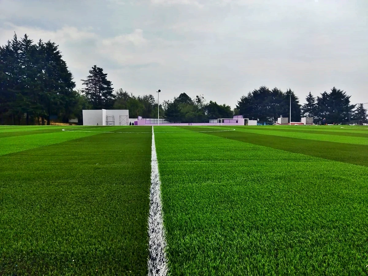 Cancha de fútbol soccer con pasto sintético en Unidad Deportiva Huitzilac, Morelos: la cancha desde la línea lateral