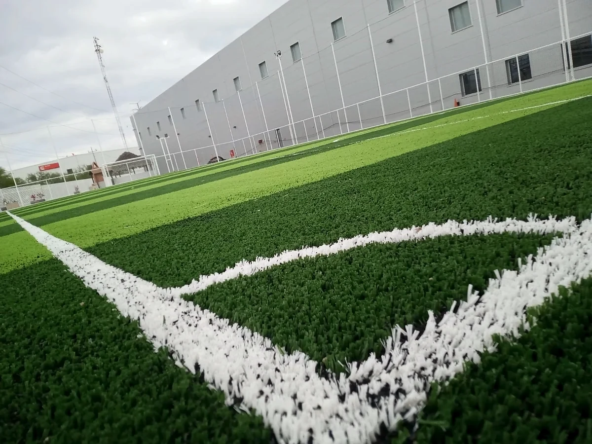 Detalle del pasto sintético de la cancha de fútbol 7 en Ciénega de Flores, Nuevo León