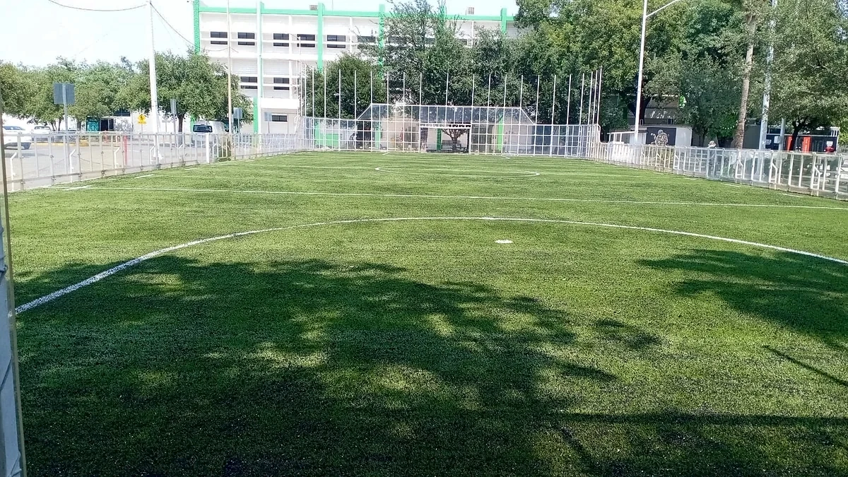 Detalle del pasto sintético de la cancha de fútbol rápido en San Nicolás de los Garza, Nuevo León
