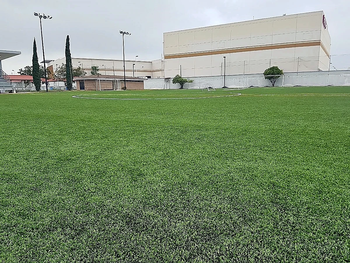 Detalle del pasto sintético de la cancha de fútbol soccer en Apodaca, Nuevo León