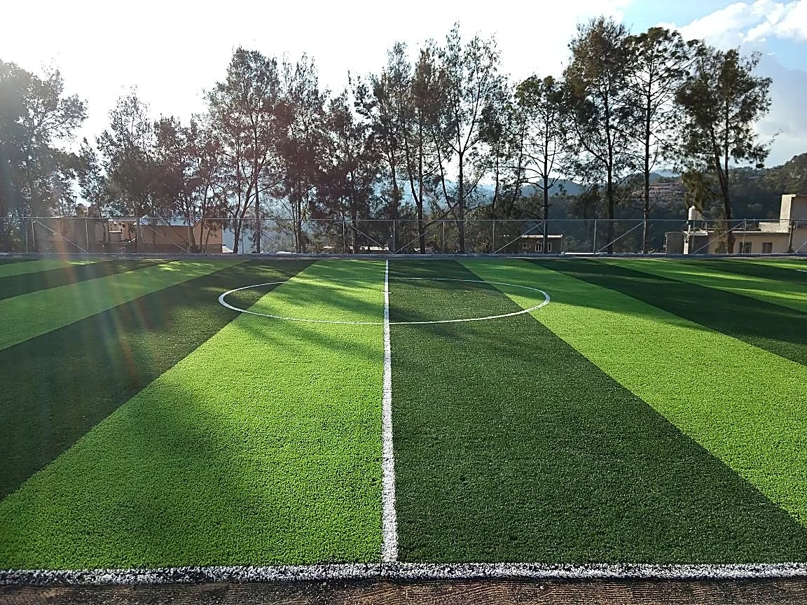 Cancha de fútbol 7 con pasto sintético en Escuela Secundaria Tecnica #54, San Miguel el Grande, Oaxaca: líneas de juego insertadas en el mismo pasto
